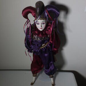 San Francisco Music Box 24" Harlequin Jester Porcelain Doll New Orleans Purple
